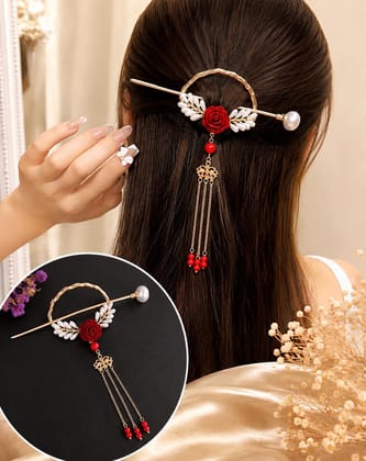 Women’s Red Rose Pearl Juda Stick with Hanging Beads Women’s Red Rose Pearl Juda Stick with Hanging Beads