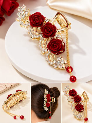  Elegant Red Rose Crystal Hair Claw Clip for Women