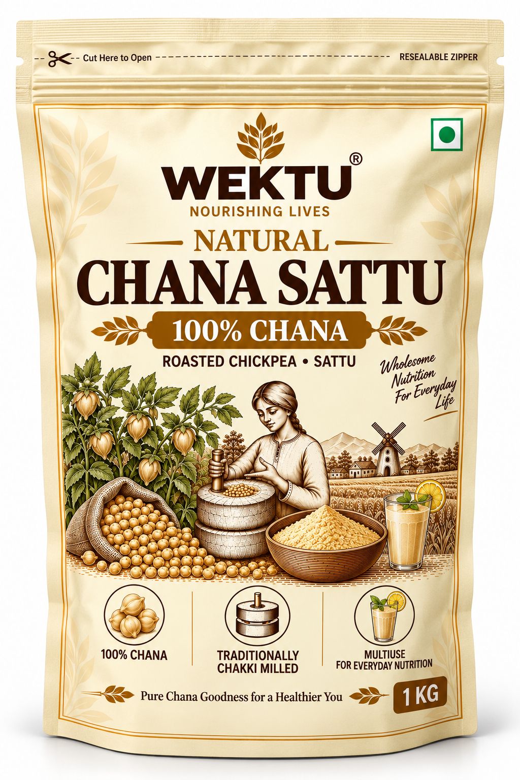 WEKTU Natural Chana Sattu 1 kg | 100% Chana | Roasted Chickpea Sattu | Resealable Zipper Pack