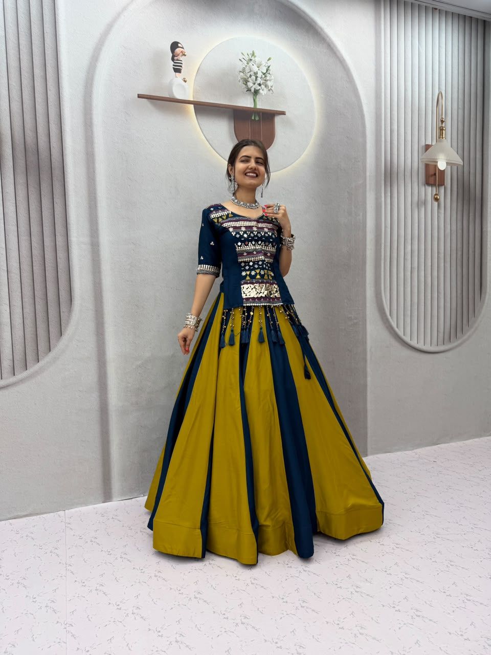 Navy Blue and Mustard Rayon Navratri Lehenga Choli with Traditional Gamthi & Gota Patti Work
