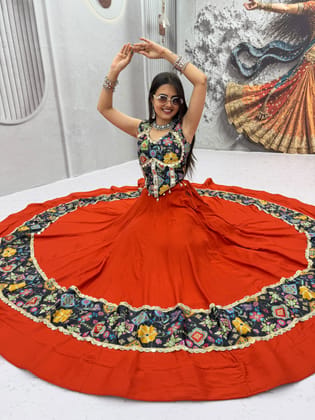 Red-Orange Festival Wear Lehenga Choli with 6-Meter Big Flair & Mirror Borders