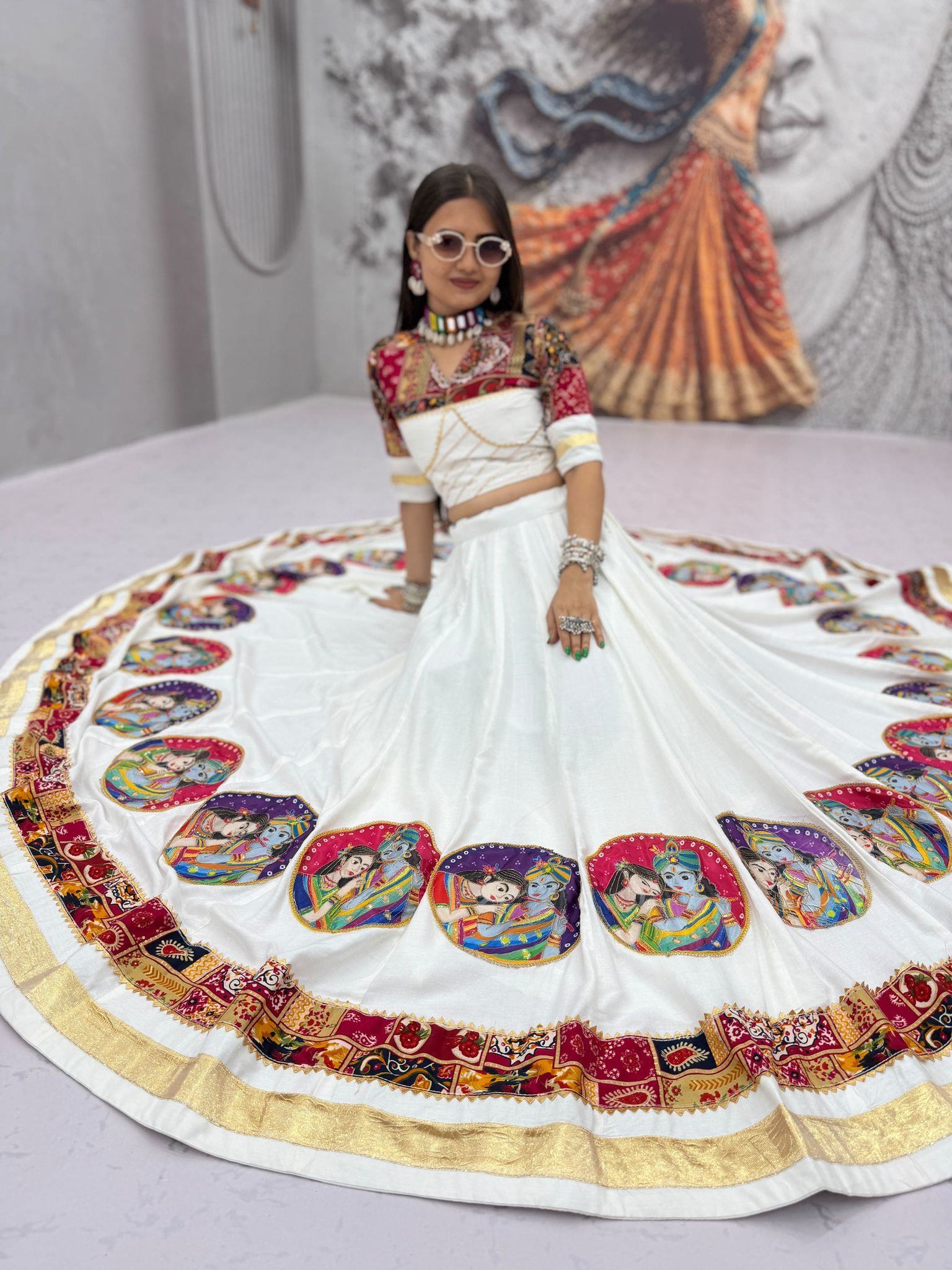 White Pure Cotton Radha Krishna Print Navratri Chaniya Choli Set – 6 Meter Big Flair Lehenga Choli with Dupatta for Garba & Dandiya Raas
