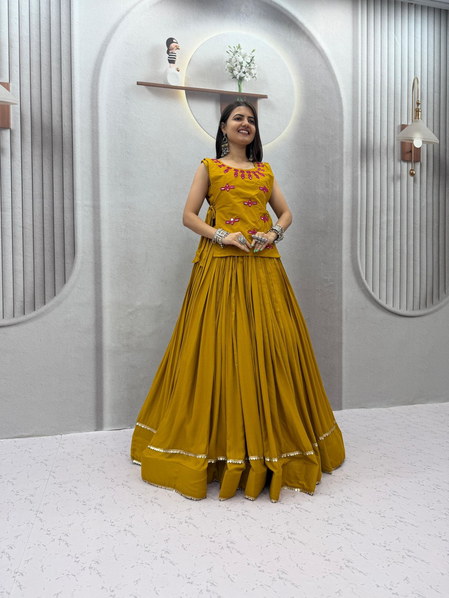 Yellow Rayon Cotton Flared Lehenga Choli with Embroidered Jacket Set