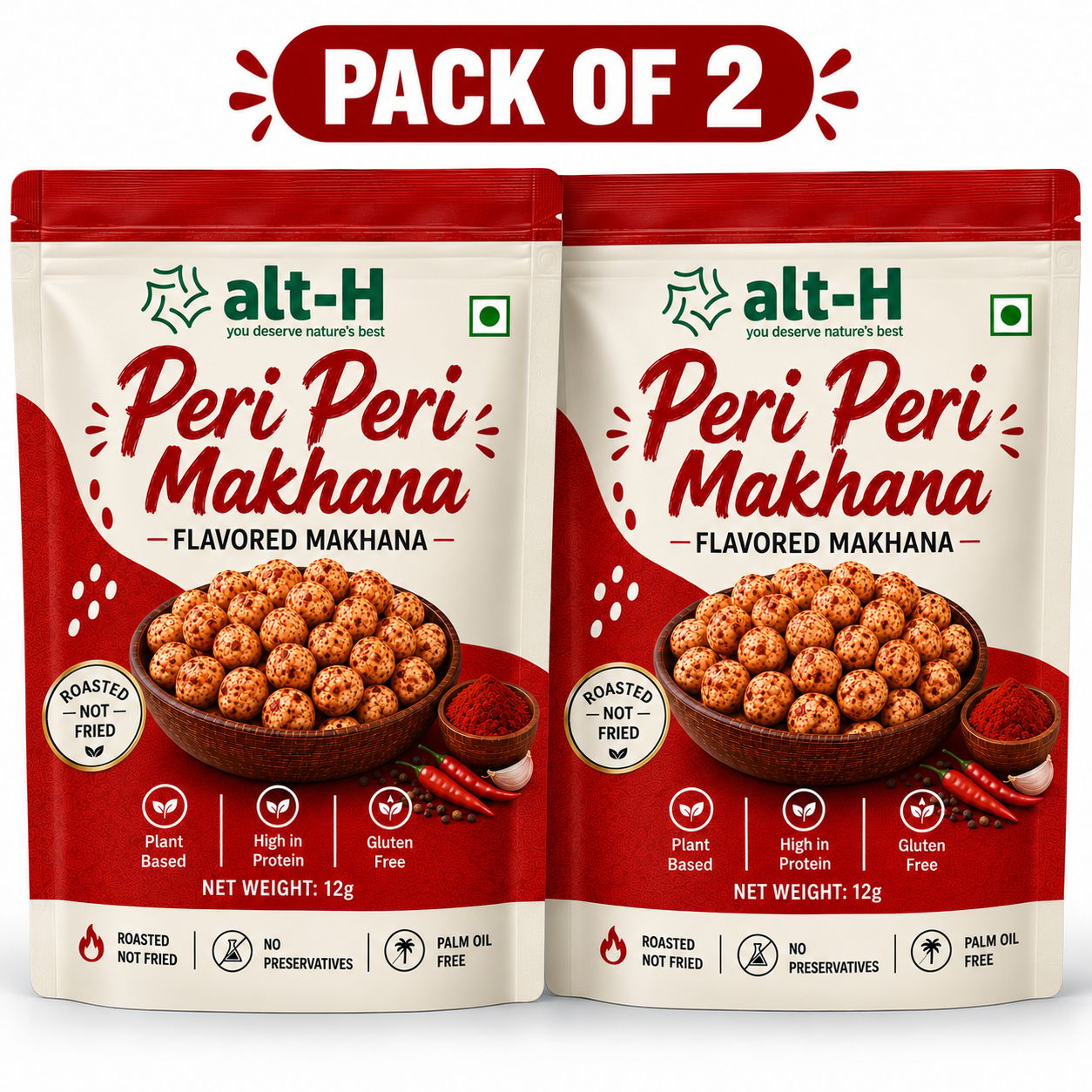 alt-H Roasted Peri Peri Makhana Pack of 2 (12g each) - Healthy Protein Snack