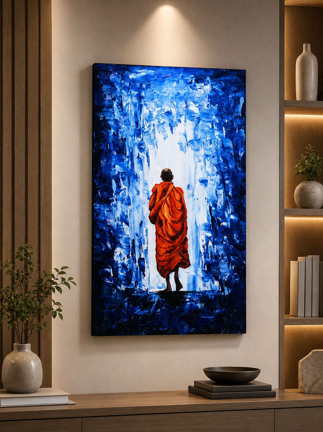 Walking Monk in Saffron Robe Abstract Impasto Framed Canvas Wall Art