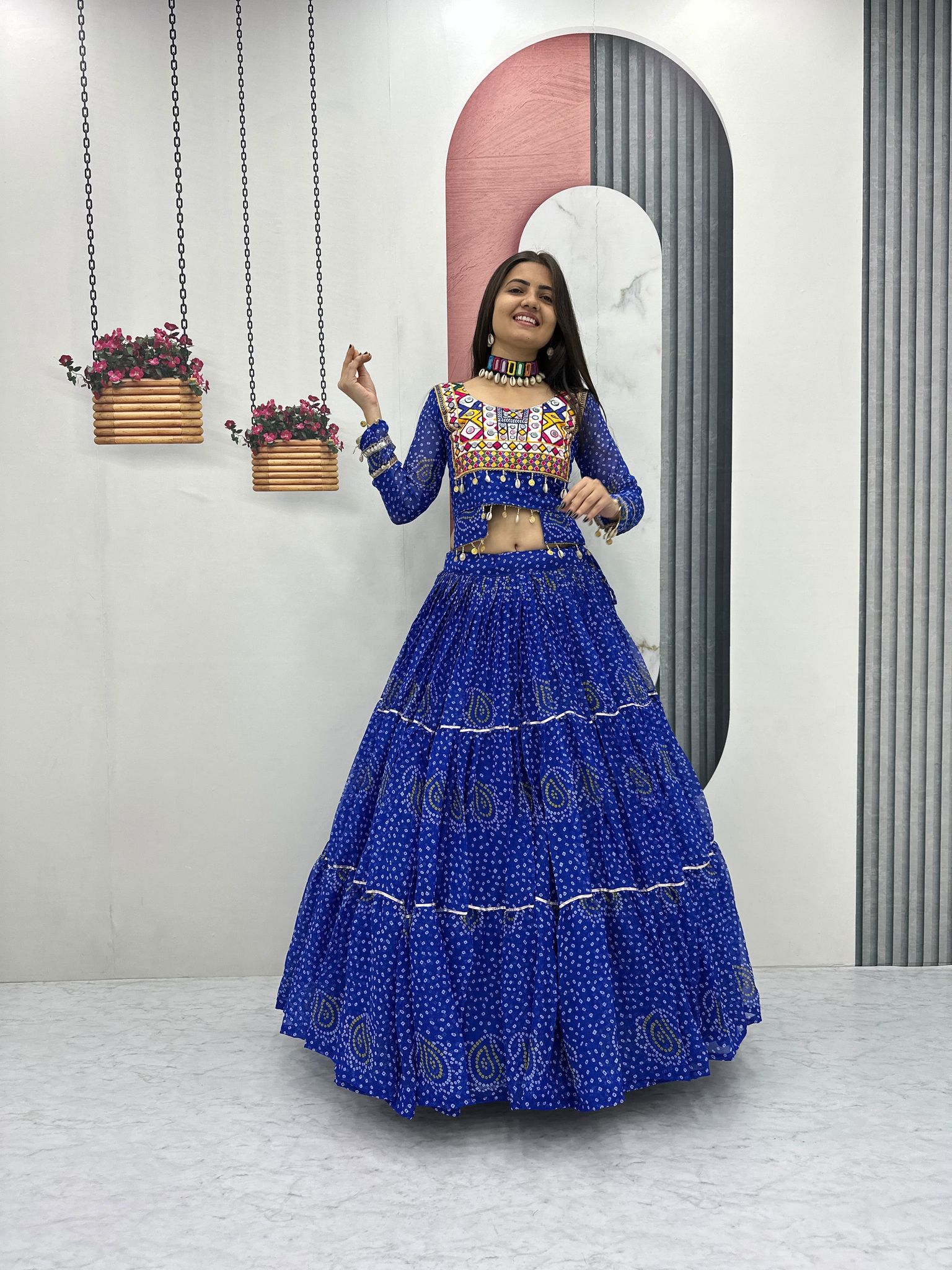 Blue Bandhani Print Chaniya Choli with Embroidered Mirror Work Blouse