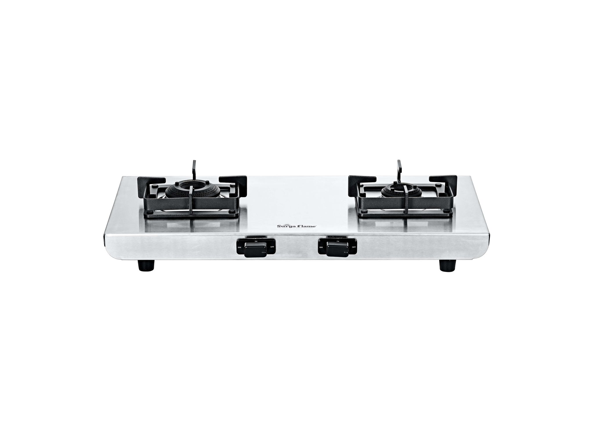 Surya Flame Volt 2-Burner Gas Stove, Heavy 1.2 mm SS Body, 1 Jumbo Coated Brass Burner, Metal Knobs & Dial Plate, 5 Years Warranty, Manual Ignition