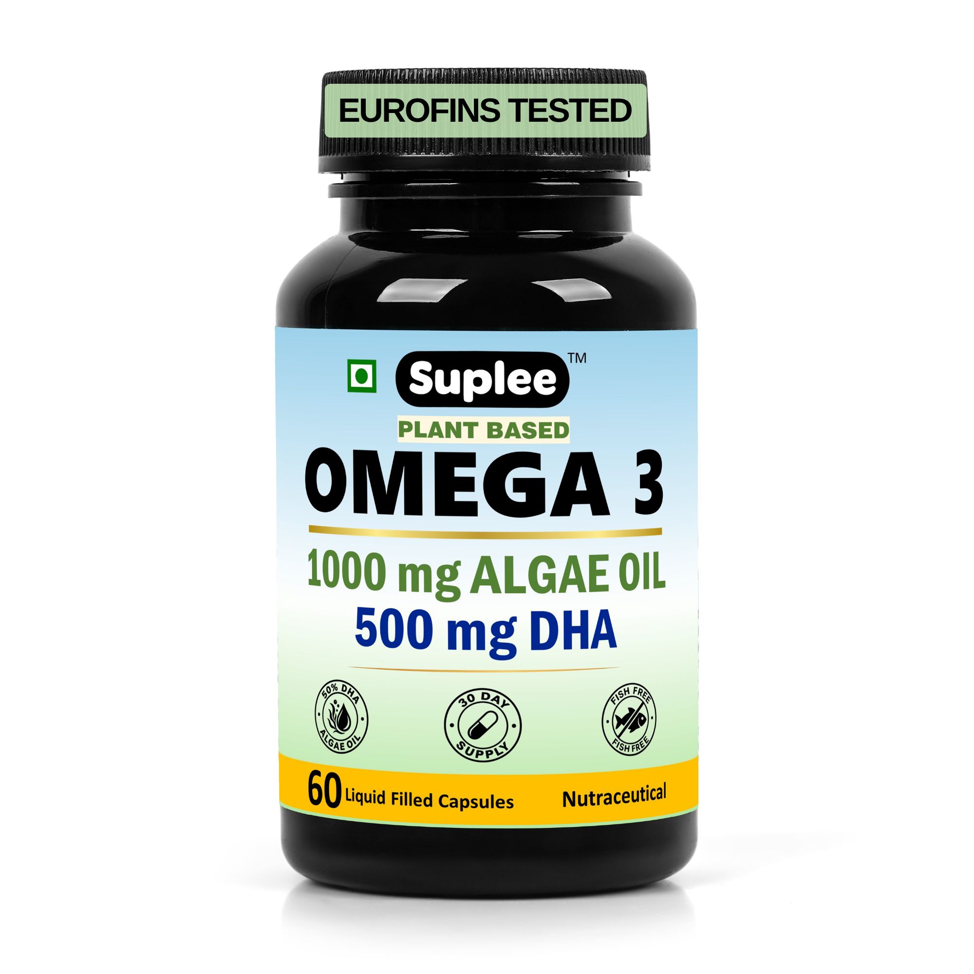 Suplee Plant Based Omega 3 | 1000mg Algae Oil with 500mg DHA | 60 Capsules
