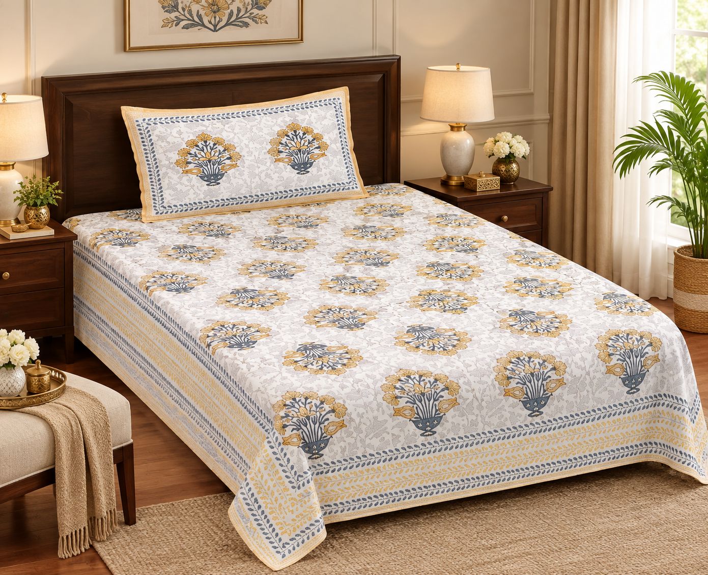 DHRUVINSRI Luxury Single Bed Hand Block Print Bedsheet with A Pillow Cover-1 Set