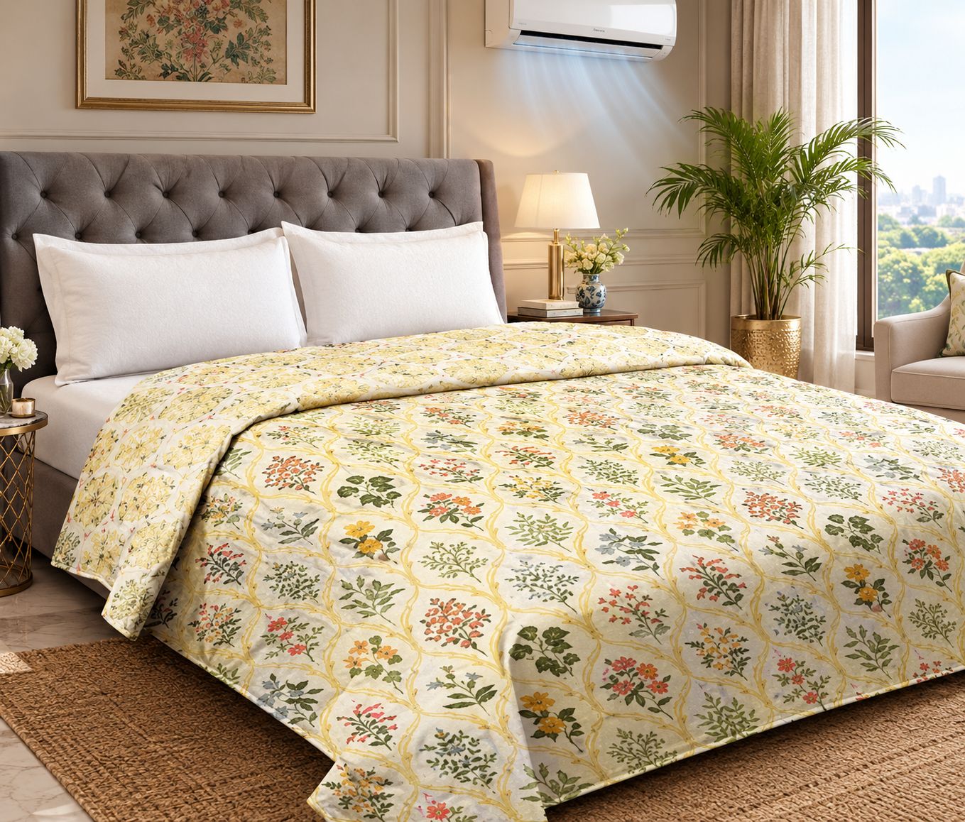 DHRUVINSRI Soft Cotton Blend Beige colour AC Comforter, Lightweight, Reversible , Floral Print, Size 215*190*48, best for all season Ac room , travel and domestic use-1 pc