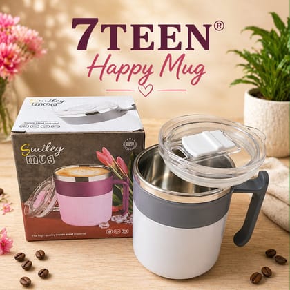 Happy Mug Insulated Stainless Steel Coffee Mug with Handle & Lid | Hot & Cold Drinks | Reusable Travel Mug | White & Grey Happy Mug Insulated Stainless Steel Coffee Mug with Handle & Lid | Hot & Cold Drinks | Reusable Travel Mug | White & Grey