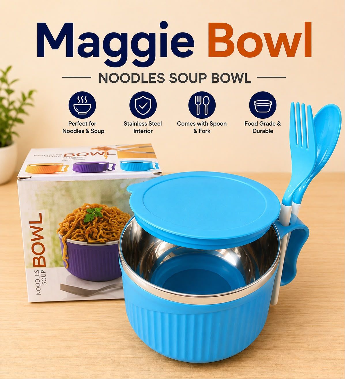 Maggie Bowl Stainless Steel Noodles & Soup Bowl with Lid, Handle, Spoon & Fork | Multipurpose Food Bowl | Blue