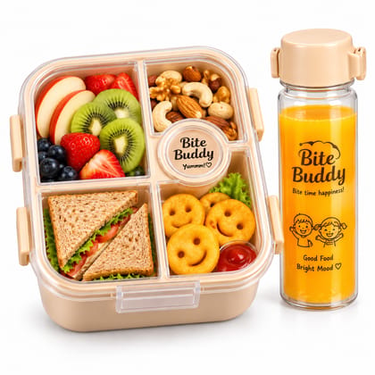 Bite Buddy Kids Lunch Box with Water Bottle | 4 Compartment School Tiffin Box with Dip Section | Lunch Box & Bottle Combo for Kids | Beige Bite Buddy Kids Lunch Box with Water Bottle | 4 Compartment School Tiffin Box with Dip Section | Lunch Box & Bottle Combo for Kids | Beige