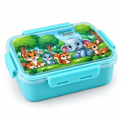 Kids Animal Print Lunch Box with Locking Clips | Cute Cartoon School Tiffin Box for Boys & Girls | Blue