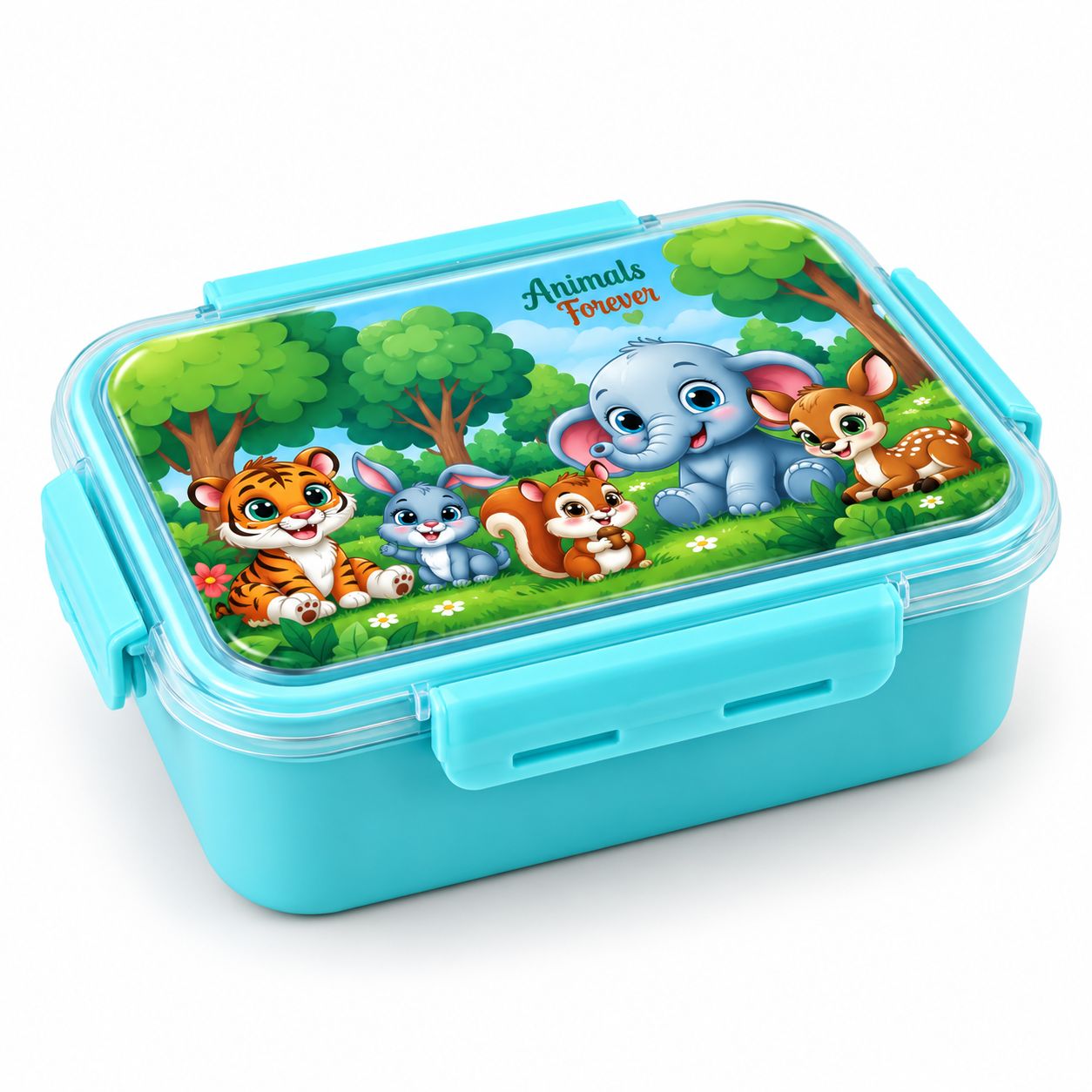 Kids Animal Print Lunch Box with Locking Clips | Cute Cartoon School Tiffin Box for Boys & Girls | Blue