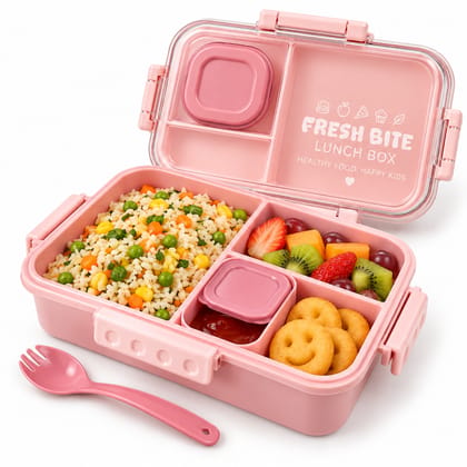 Fresh Bite Kids Lunch Box with Compartments & Sauce Container | Fork/Spoon Included | Clip Lock School Tiffin Box for Boys & Girls – Pink