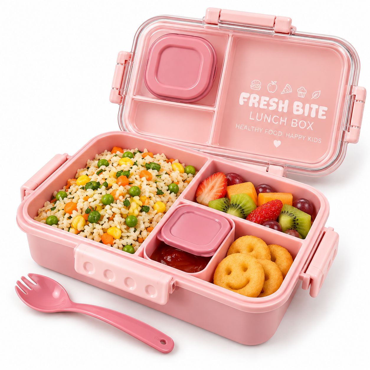 Fresh Bite Kids Lunch Box with Compartments & Sauce Container | Fork/Spoon Included | Clip Lock School Tiffin Box for Boys & Girls – Pink