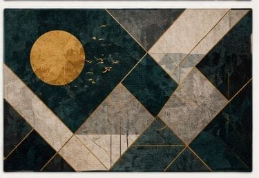Abstract Geometric Teal and Gold Sun Mountain Rug