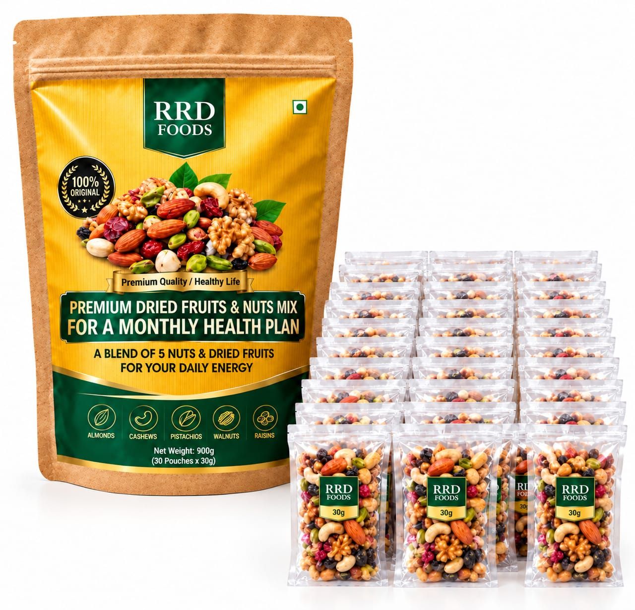 ​R R D Foods Daily Dry Fruits Mix | 30 Days Pack | 30g x 30 Pouches Healthy Snack