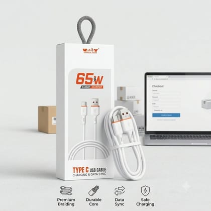 65W Fast Charging Type-C USB Cable (6A Output, 1 Meter) – Quick Charge & High-Speed Data Sync Cable for Type-C Smartphones, Tablets & Laptops (White)