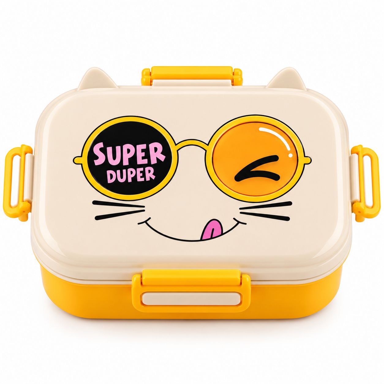 Super Duper Kids Lunch Box with 3 Compartments | Spoon & Fork Included | Cute Cat Design Tiffin Box with Secure Lock | School Lunch Box – Assorted Colour