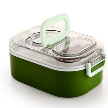 Mighty Lunch Box with Handle | Kids & Adults Tiffin Box with Separate Sauce/Snack Container, Spoon & Fork | Transparent Lid Secure Lock | School Office Travel Lunch Box – Assorted Colour