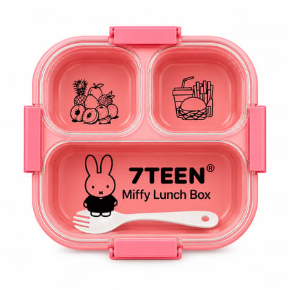 Miffy Kids Lunch Box | 3 Compartment School Tiffin Box with Sauce Container | Secure Lock & Transparent Lid | Pink Lunch Box for Boys & Girls