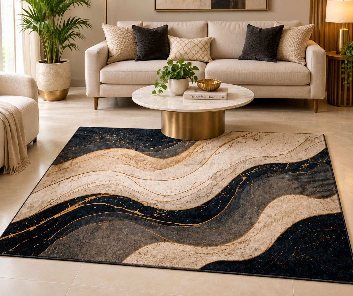 Modern Abstract Marble Pattern Area Rug with Gold Accents