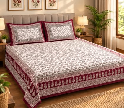 King Size Soft Cotton Bedsheet with 2 Pillow Covers,180TC, 90*100 Inches | Maroon & White Floral Printed Double Bed Sheet | Elegant Cotton Bedding Set