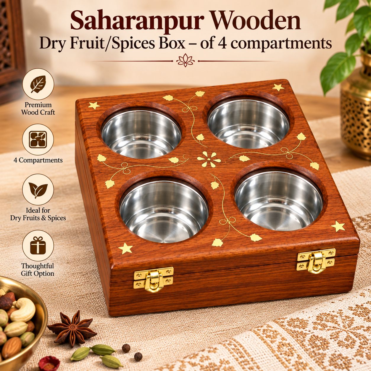 Saharanpur Wooden Dry Fruit/Spices Box – of 4 compartments