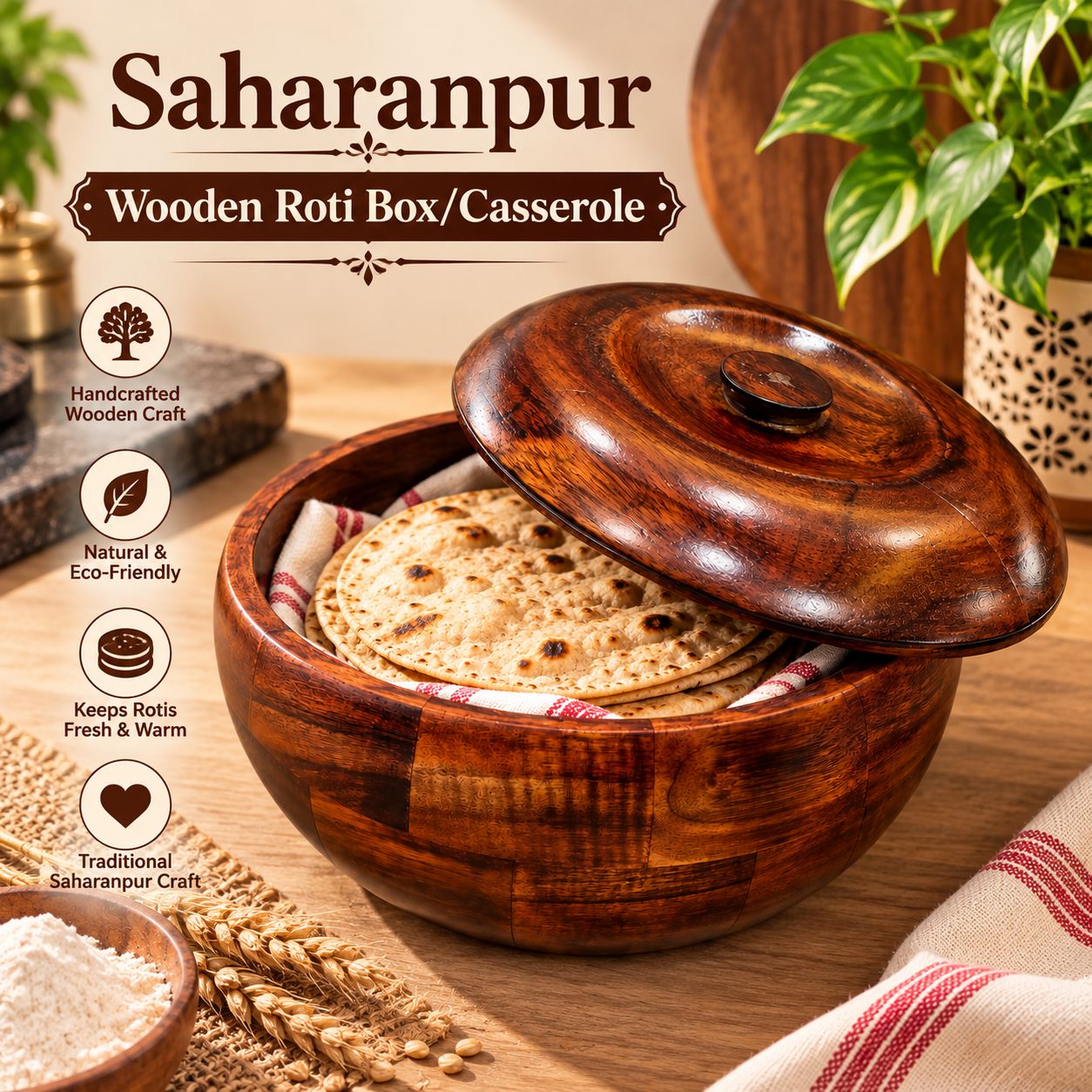 Saharanpur Wooden Roti Box/Casserole
