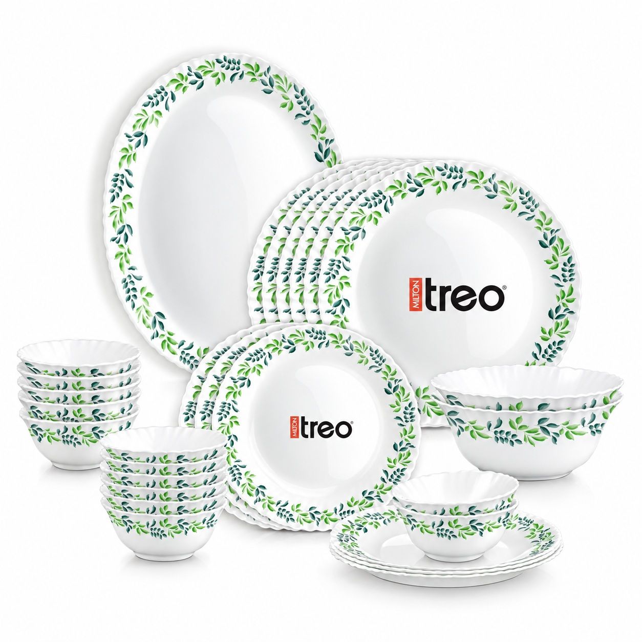 Treo by Milton Opalware Aurelia Verdinia Dinner Set of 27 | Serving for 6 | Microwave & Dishwasher Safe | Bone-Ash Free | Tempered Toughness | Plates, Bowls, Spoons | Crockery Set for Dining & Gifting