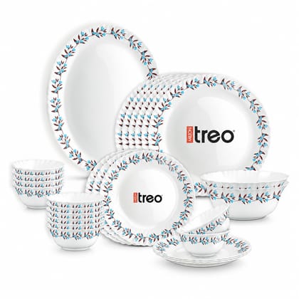 Treo by Milton Opalware Aurelia Lavelle Dinner Set of 27 | Serving for 6 | Microwave & Dishwasher Safe | Bone-Ash Free | Tempered Toughness | Plates, Bowls, Spoons | Crockery Set for Dining & Gifting