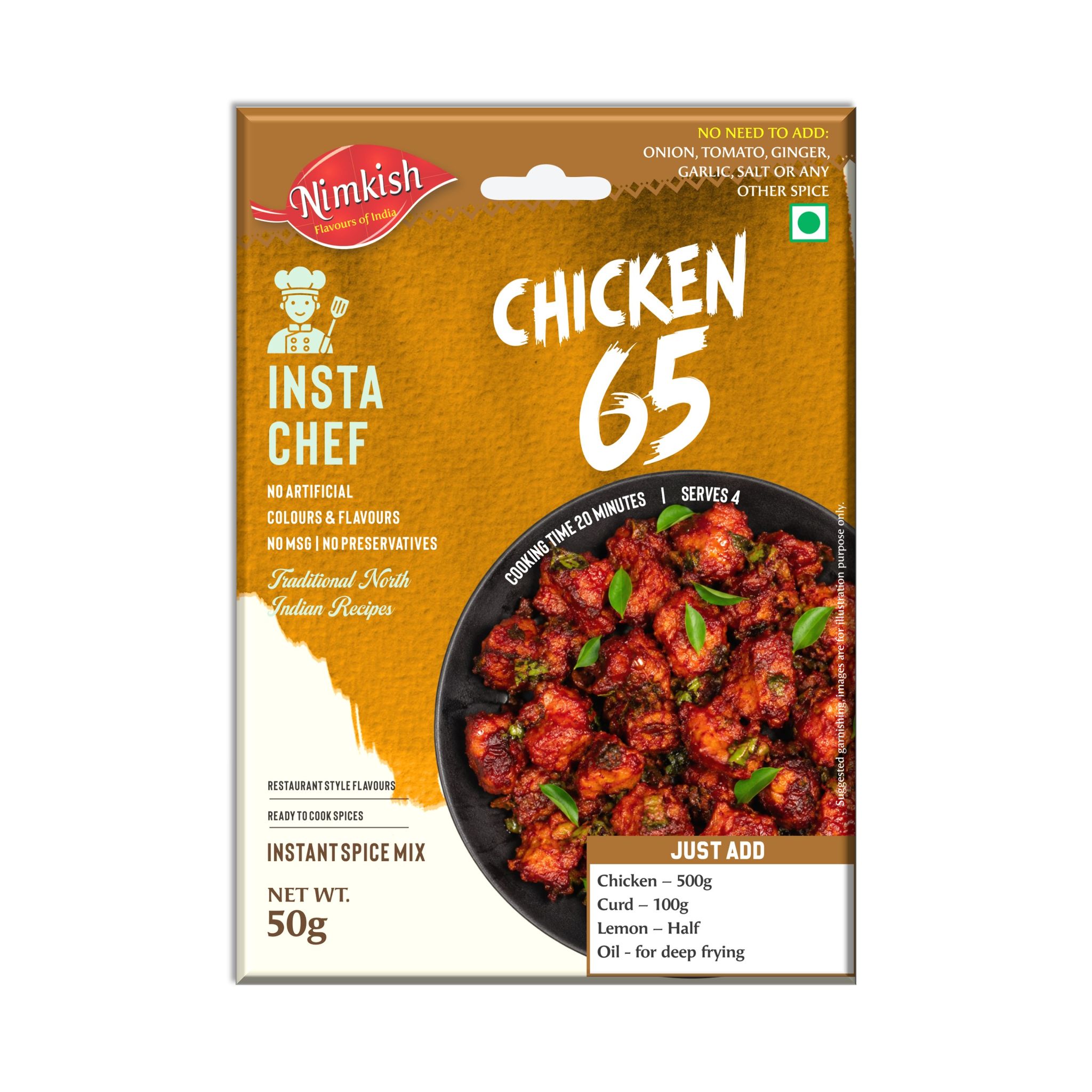 Nimkish Chicken 65 Spice Mix | Ready-to-Cook Restaurant Style Chicken 65 Masala | No MSG, No Artificial Colours & Flavours, No Preservatives | 50g