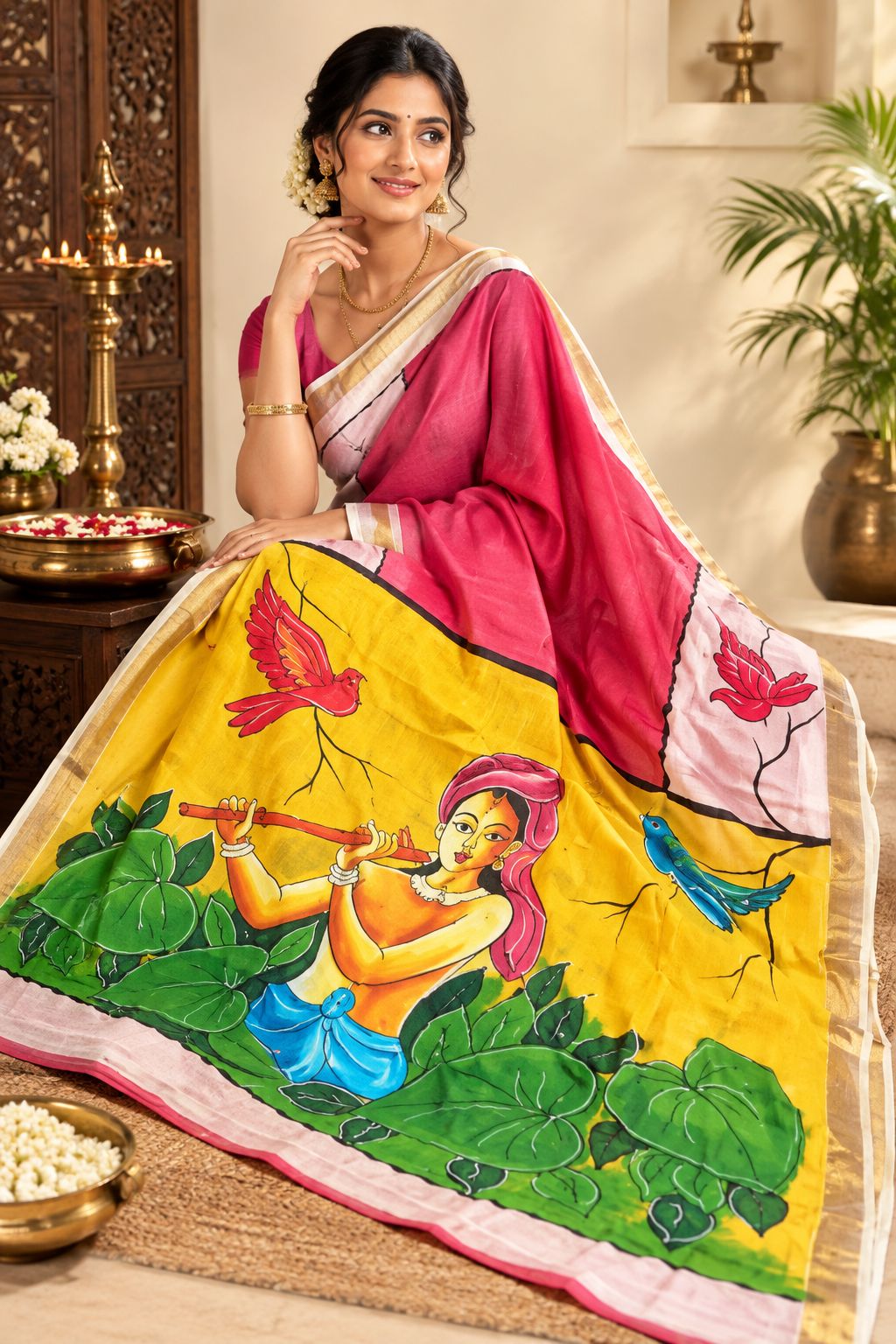 DHRUVINSRI Luxury Kerala Cotton Kasavu Saree | Hand Painted Krishna & Murli Art with Golden Zari Border | Elegant Yellow Ethnic Saree with Running Blouse