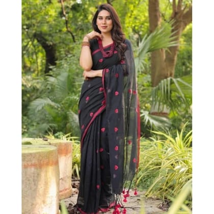 womens linen printed saree with unstitched blouse 5mtr black pid62475