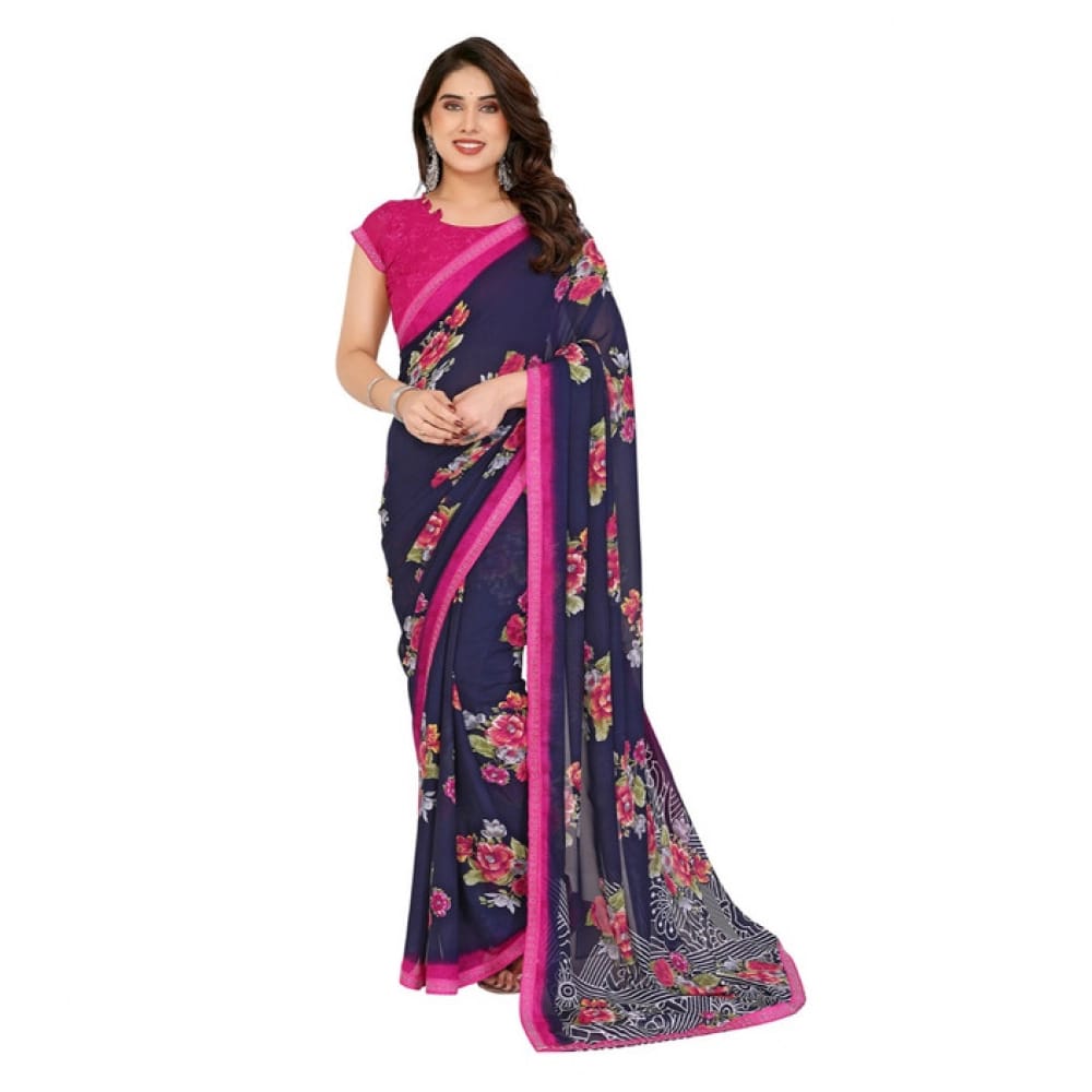 womens georgette printed saree with unstitched blouse 5mtr blue pid62548
