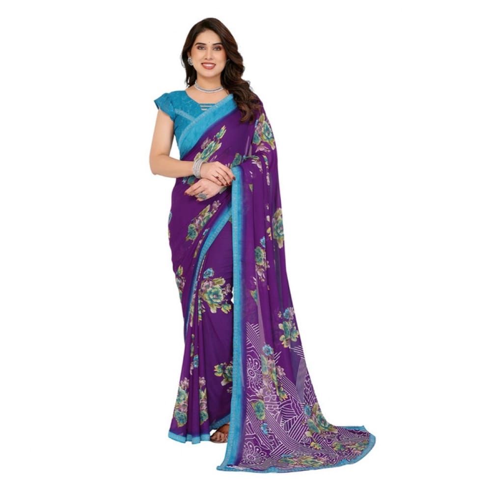 womens georgette printed saree with unstitched blouse 5mtr purple pid62550