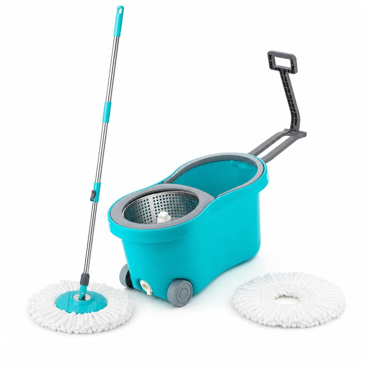 Novita 360° Spin Mop Bucket Set with Stainless Steel Wringer | Easy Rinse & Wringing System | Telescopic Microfiber Mop with Soap Dispenser | 1+1 Refills | 2 Wheels | Aqua Blue  