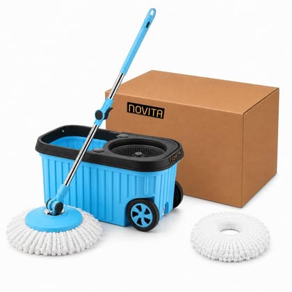 Novita 360° Spin Mop Bucket Set with Big Wheels | Easy Rinse & Wringing System | Telescopic Microfiber Mop with Soap Dispenser | 1+1 Microfiber Refills | Plastic Bucket | Blue 