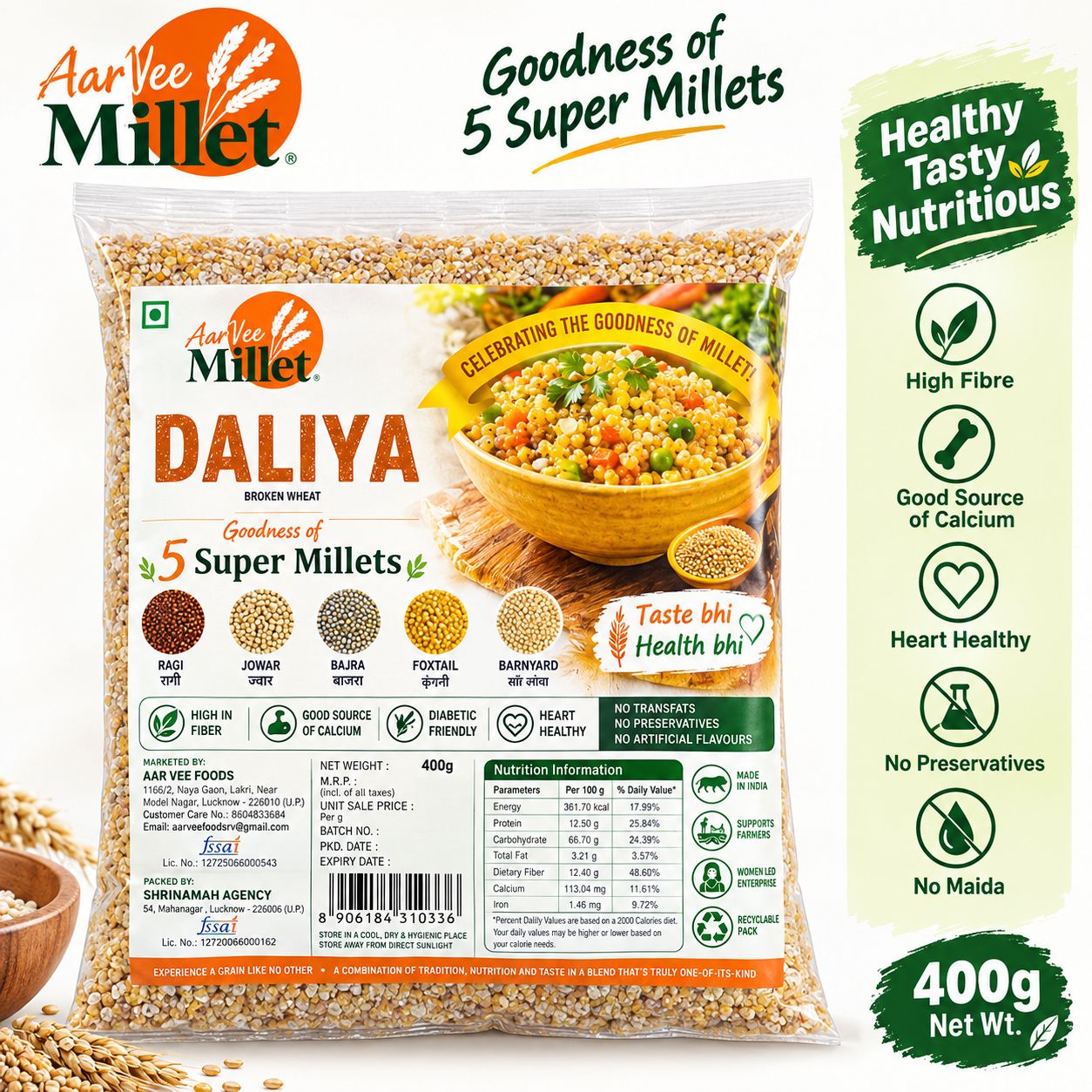 Aarvee Millet Daliya Broken wheat- with good ness of Millets 400g