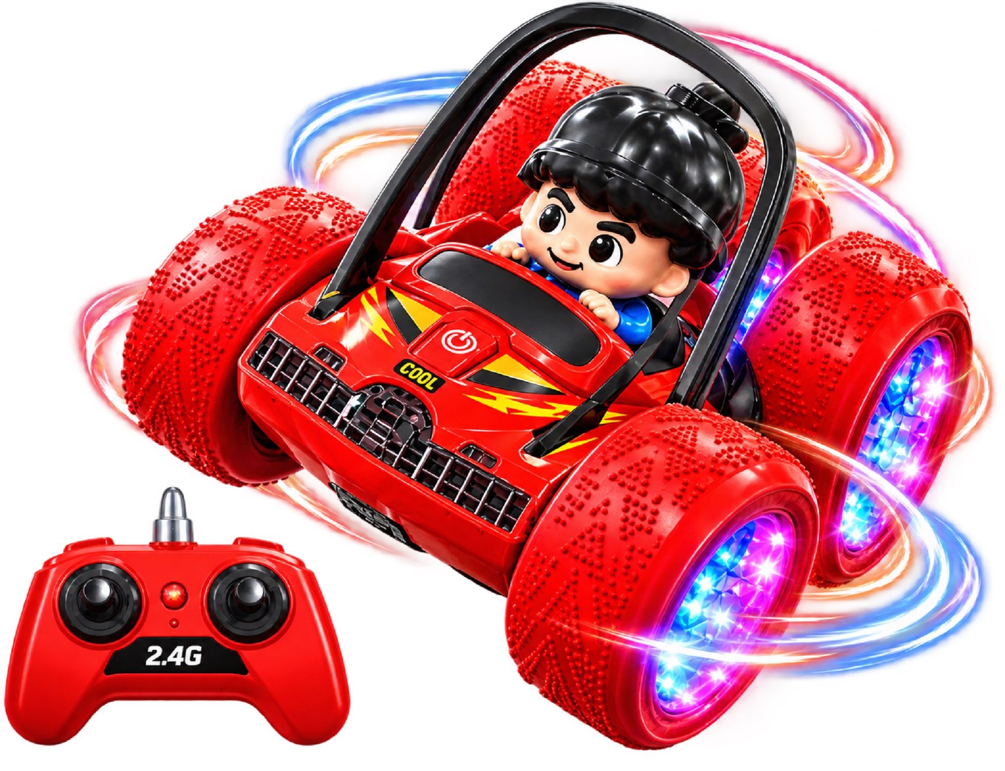 KTRS Enterprise Double-Sided Stunt Car for Kids, 2.4G Remote Control RC Car with 360° Rolling, Spinning & Rotation Stunts, LED Light & Sound Effects, Anti-Slip Wheels, Red