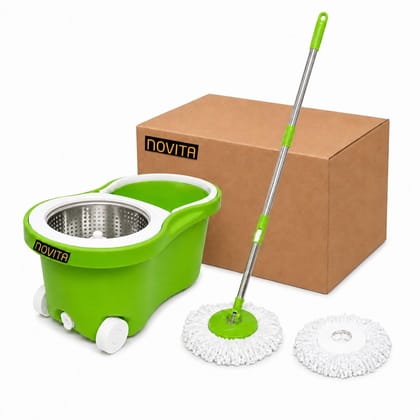Novita 360° Spin Mop Bucket Set with Steel Wringer | Heavy-Duty Smart System | Easy Rinse | Telescopic Microfiber Mop | 1+1 Refill | Big Wheels | Green 