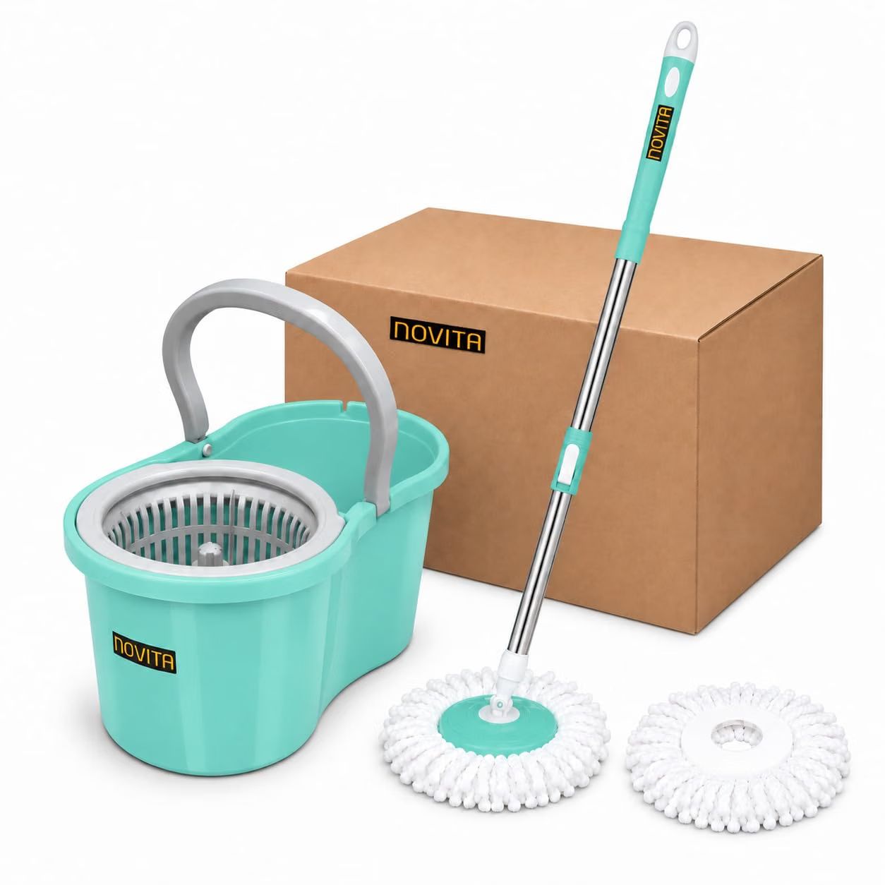 Novita Lite Twin Bucket Spin Mop Set | Easy Wring & Rinse System | 360° Rotating Telescopic Handle | High-Absorbency Microfiber Mop | Removable Wringer | 1+1 Refills | Aqua Green 