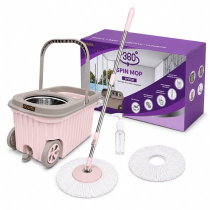 Novita 360° Spin Mop Bucket Set with Big Wheels | Premium Stainless Steel Wringer | Smart Wringing & Easy Rinse System | Telescopic Microfiber Mop | Soap Dispenser | 1+1 Refills | Floor Cleaning Pocha 