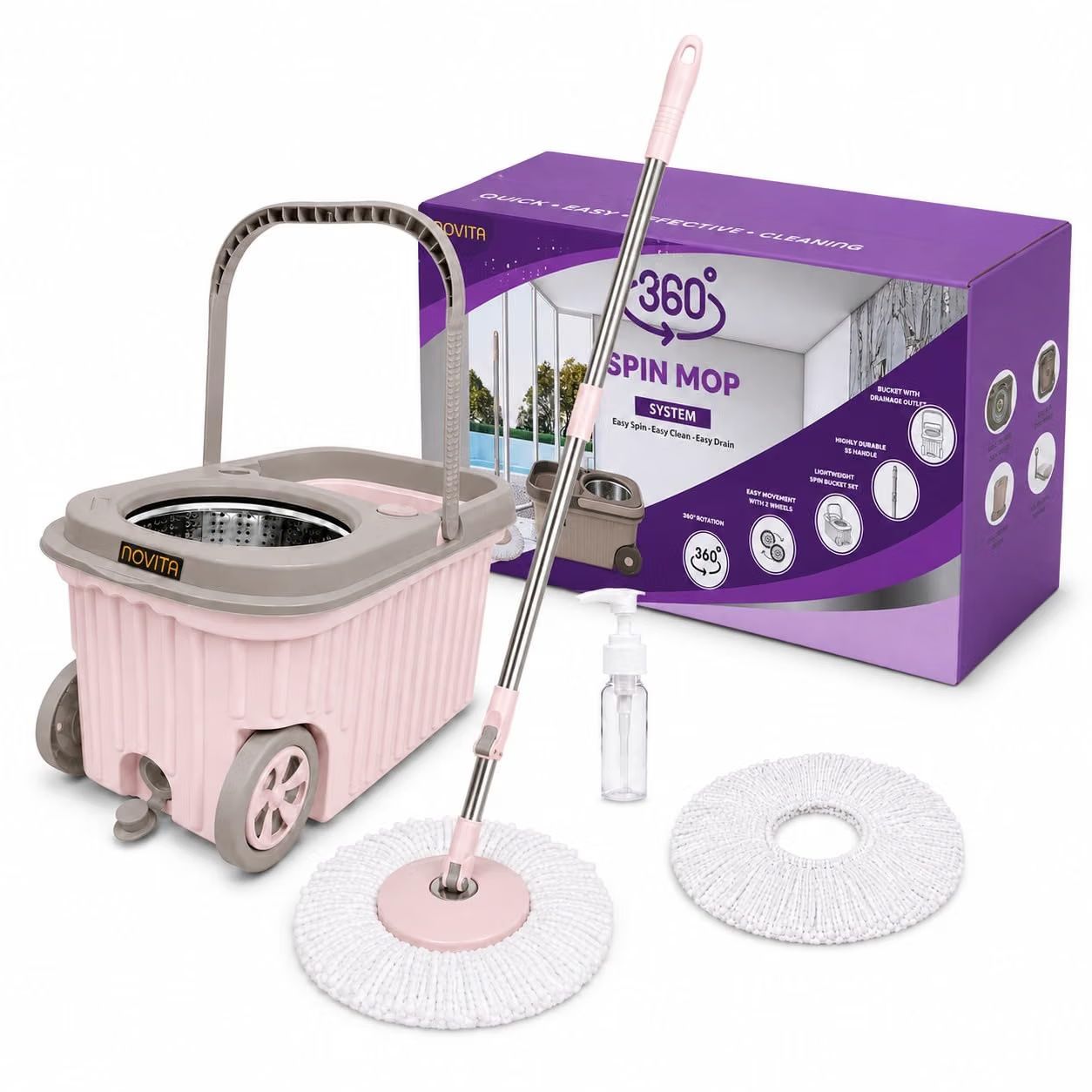 Novita 360° Spin Mop Bucket Set with Big Wheels | Premium Stainless Steel Wringer | Smart Wringing & Easy Rinse System | Telescopic Microfiber Mop | Soap Dispenser | 1+1 Refills | Floor Cleaning Pocha 