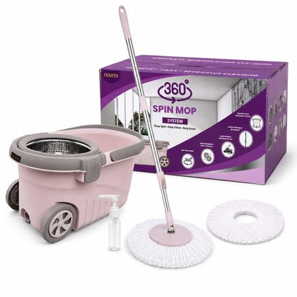 Novita 360° Spin Mop Bucket Set with Big Wheels | Premium Steel Wringer | Smart Wringing & Easy Rinse System | Telescopic Microfiber Mop | Soap Dispenser | 1+1 Refills | Floor Cleaning Pocha 