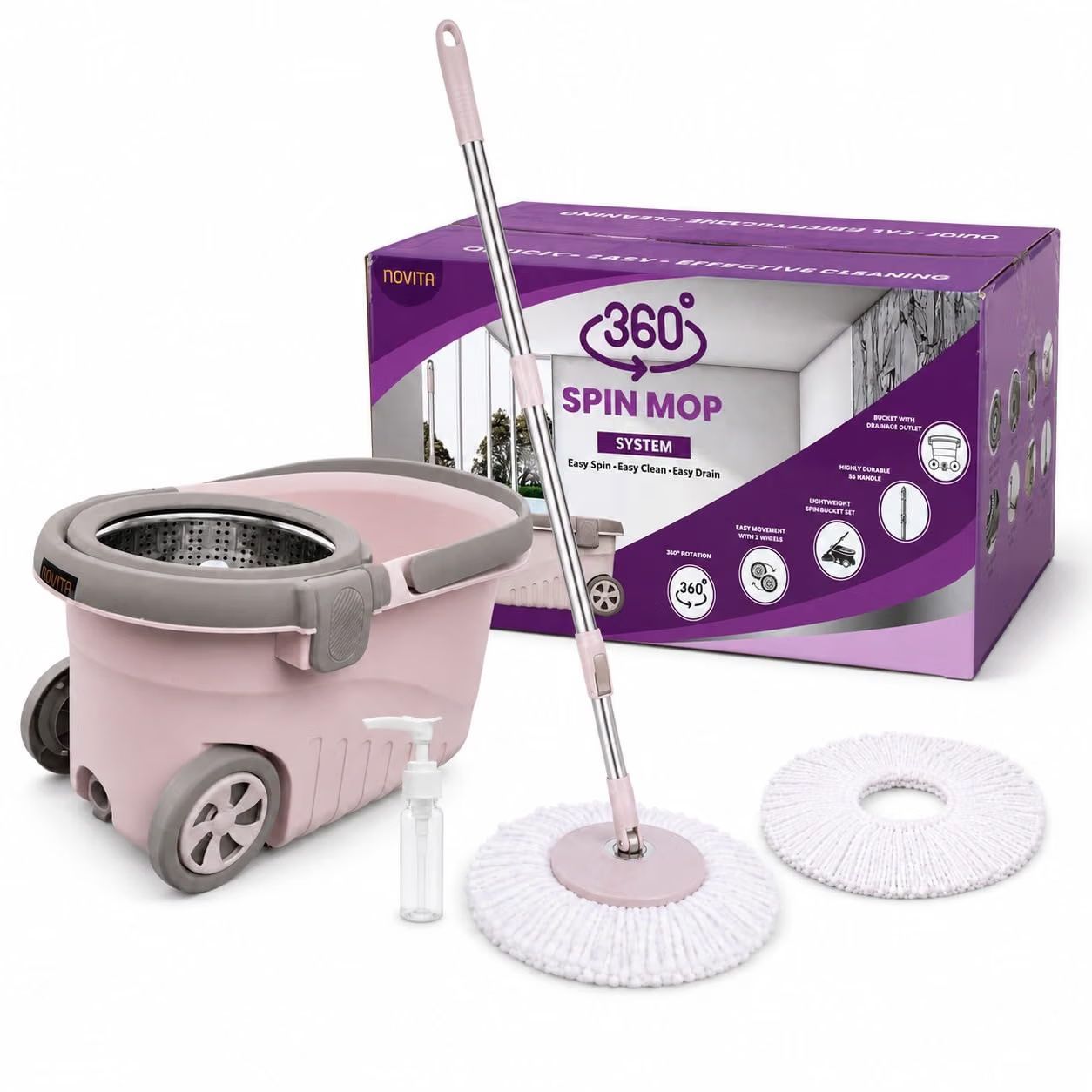 Novita 360° Spin Mop Bucket Set with Big Wheels | Premium Steel Wringer | Smart Wringing & Easy Rinse System | Telescopic Microfiber Mop | Soap Dispenser | 1+1 Refills | Floor Cleaning Pocha 