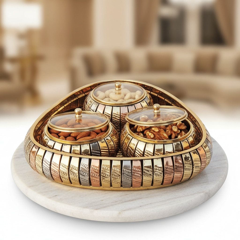 Decorative Supari Set 3 Bowl With Tray, Packed In Velvet Box Diwali Gifting Item (BCMAS174 D)