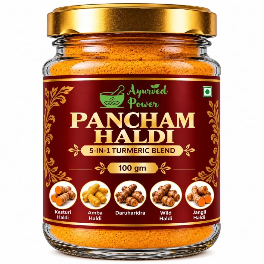 Pancham Haldi Powder 100g – 5 Haldi Blend | Kali Haldi, Amba Haldi, Daru Haldi, Maida Haldi, Salem Turmeric | Natural Ayurvedic | Ayurved Power